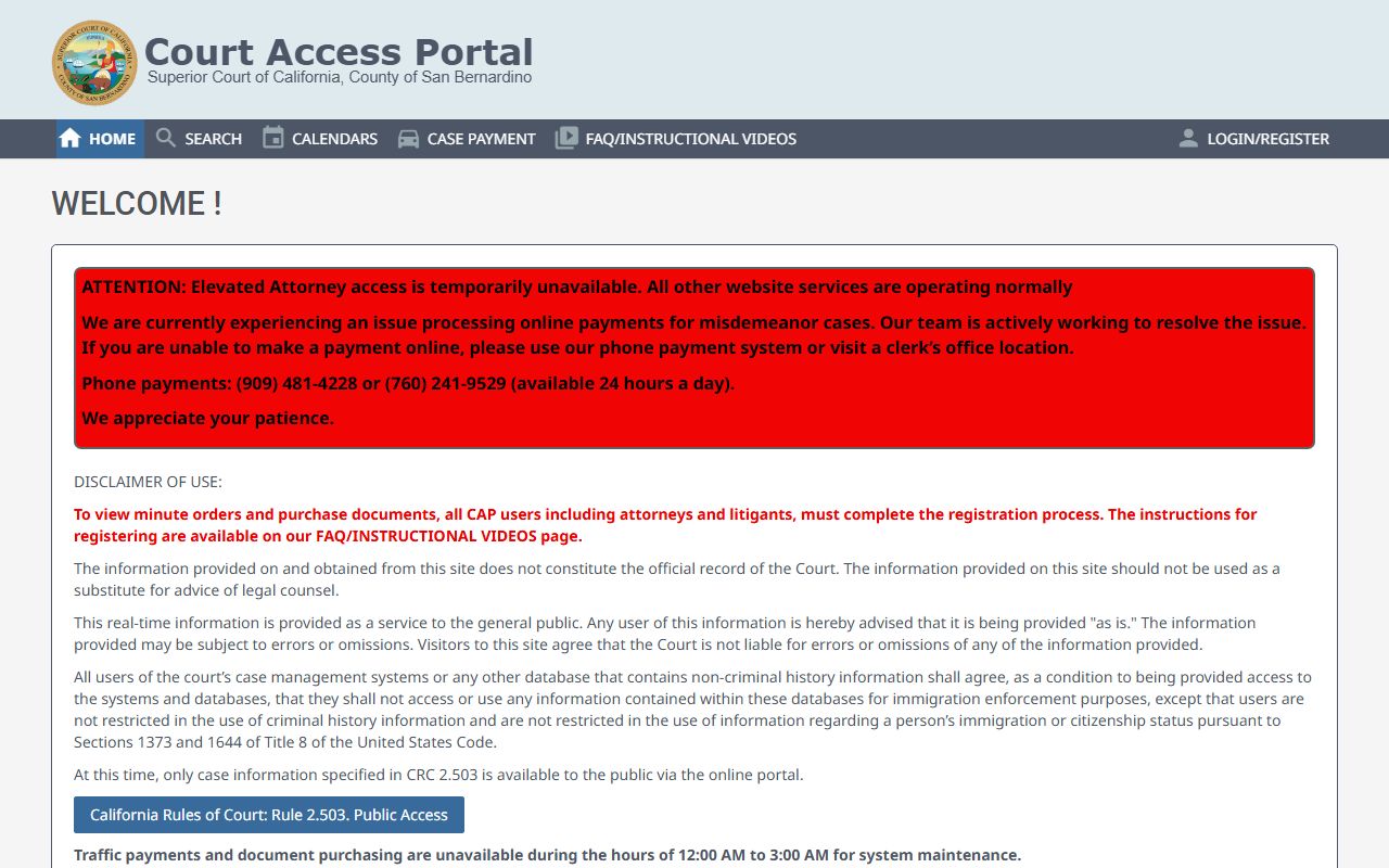San Bernardino County court records Court Access Portal home
