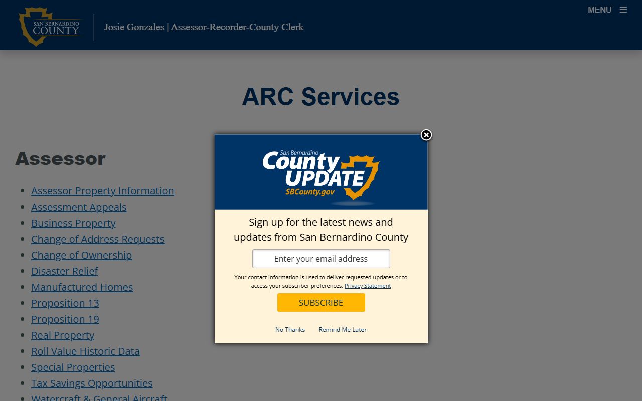 San Bernardino County clerk of the superior court ARC services index page