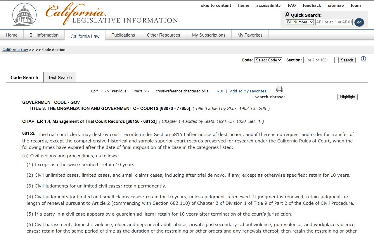 San Bernardino County clerk of the superior court trial court records retention statute