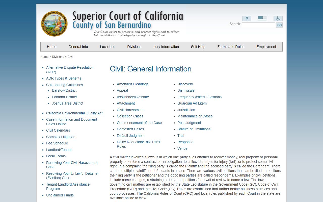 San Bernardino County court dockets civil division information page