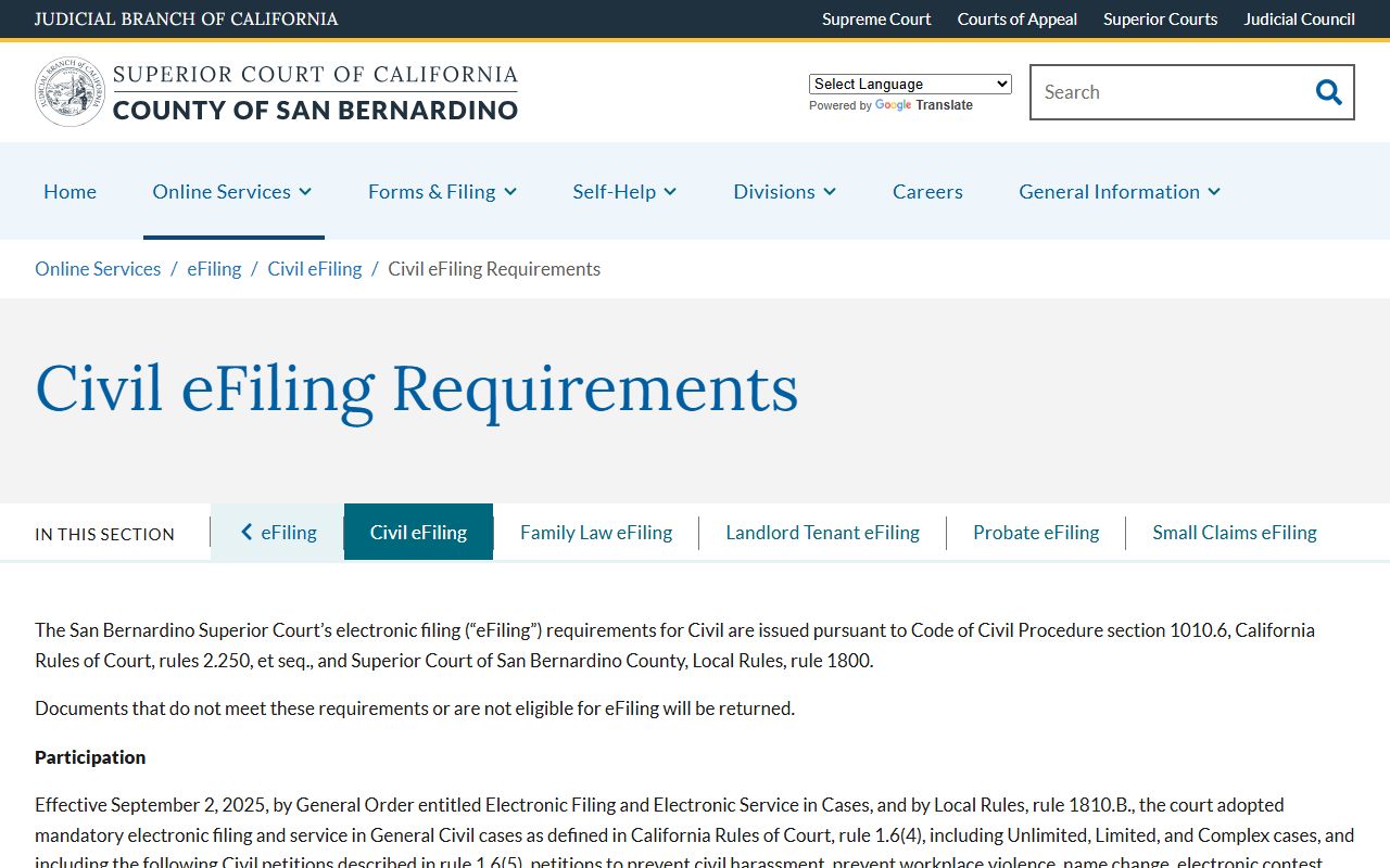 San Bernardino County court dockets civil eFiling requirements page