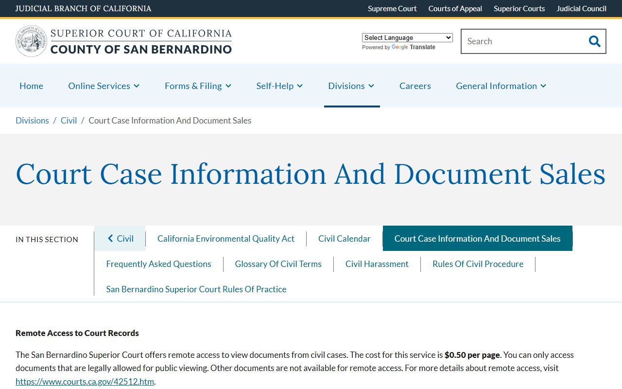 San Bernardino County court dockets current case information and document sales page