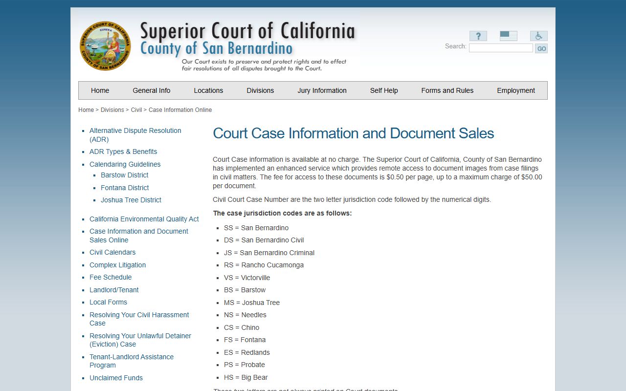San Bernardino County court records civil case information and document sales page