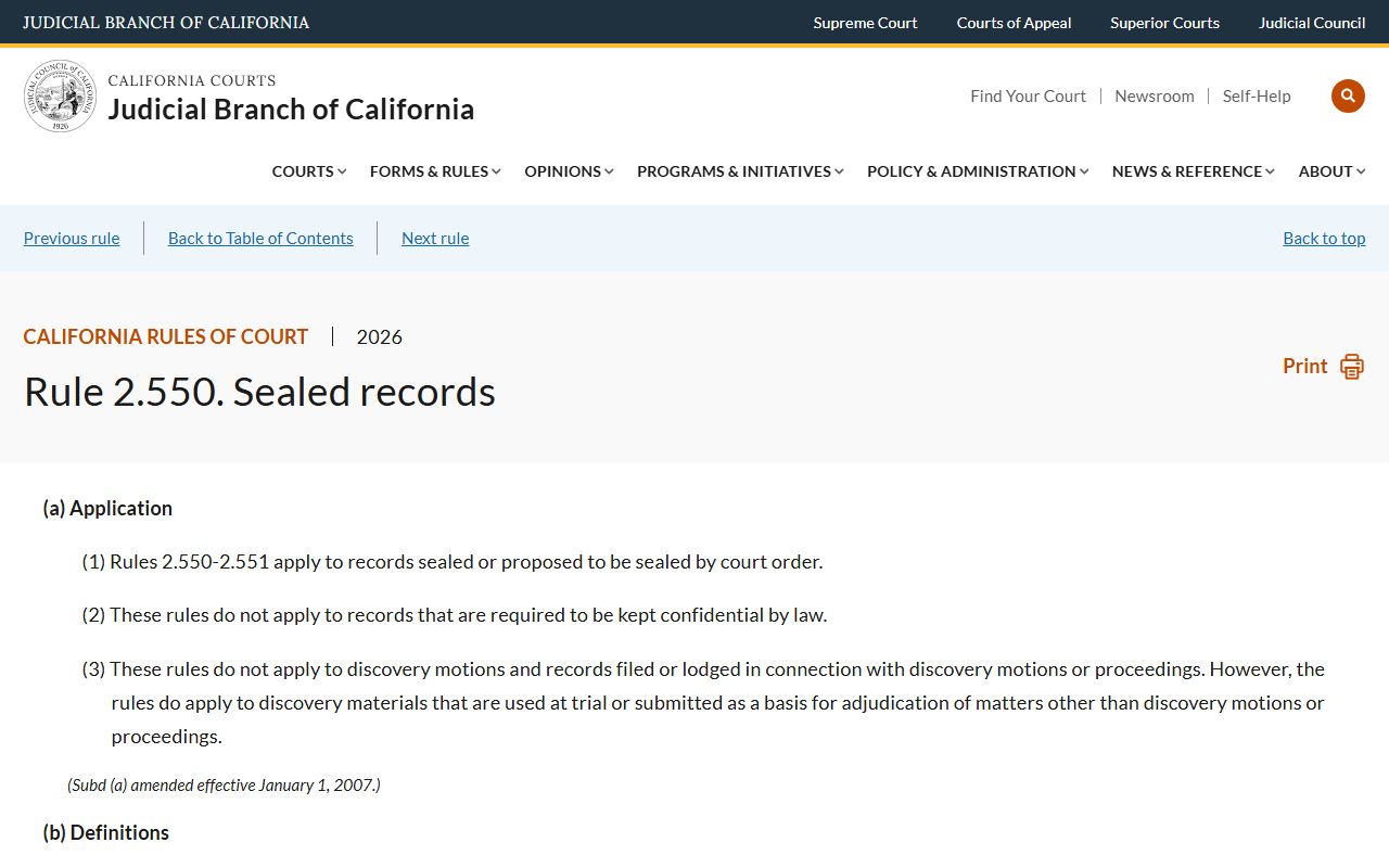 San Bernardino County criminal records California Rule of Court 2.550 sealed records standard