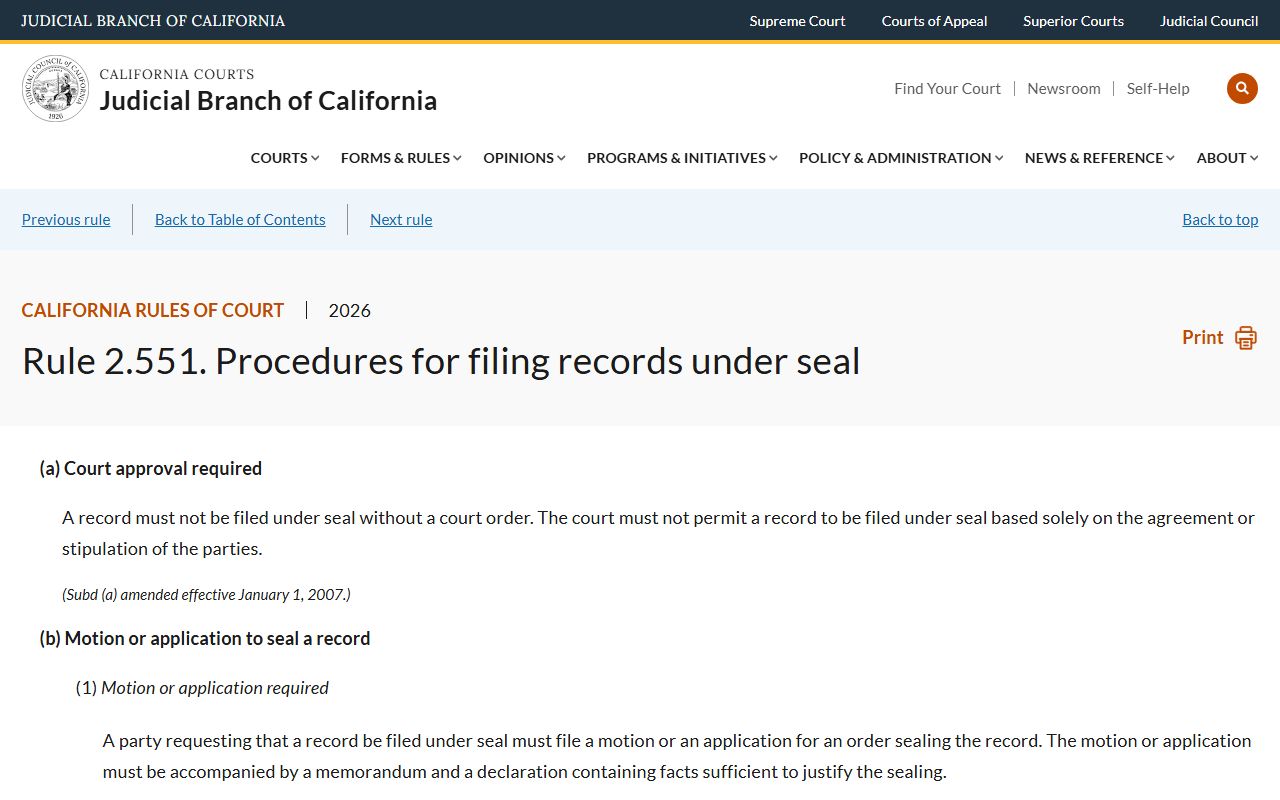 San Bernardino County criminal records California Rule of Court 2.551 sealing procedure