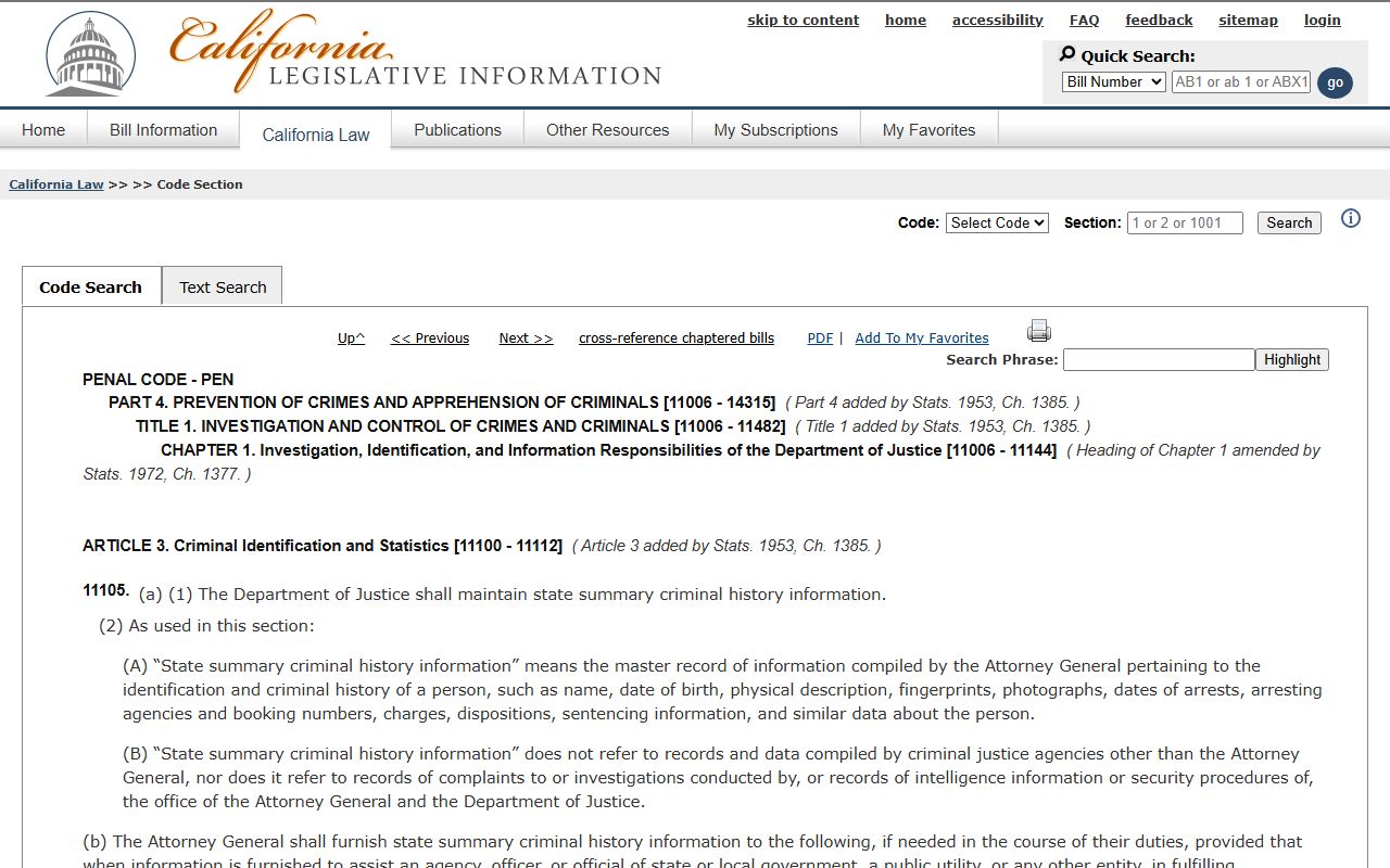San Bernardino County criminal records Penal Code 11105 DOJ criminal history dissemination