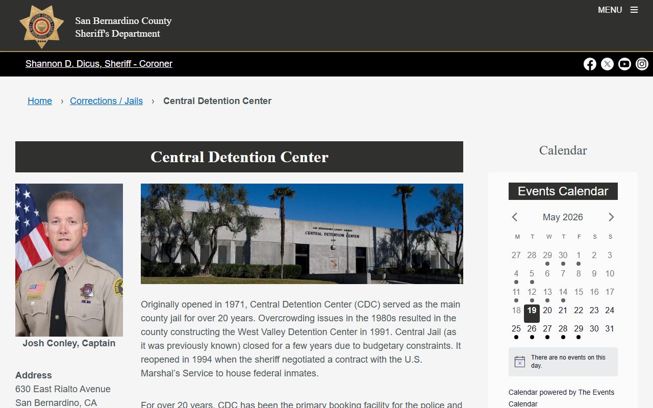 San Bernardino County inmate search Central Detention Center page