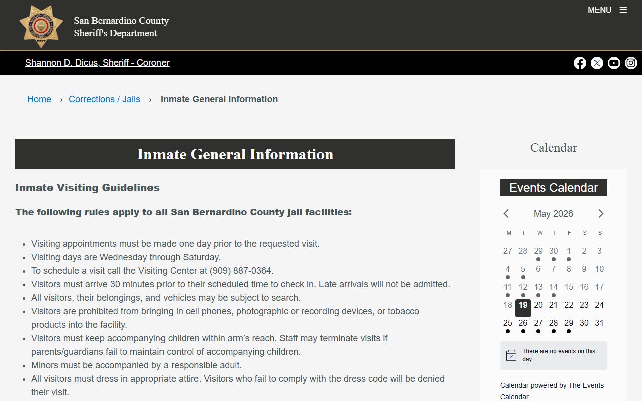 San Bernardino County inmate search general information page