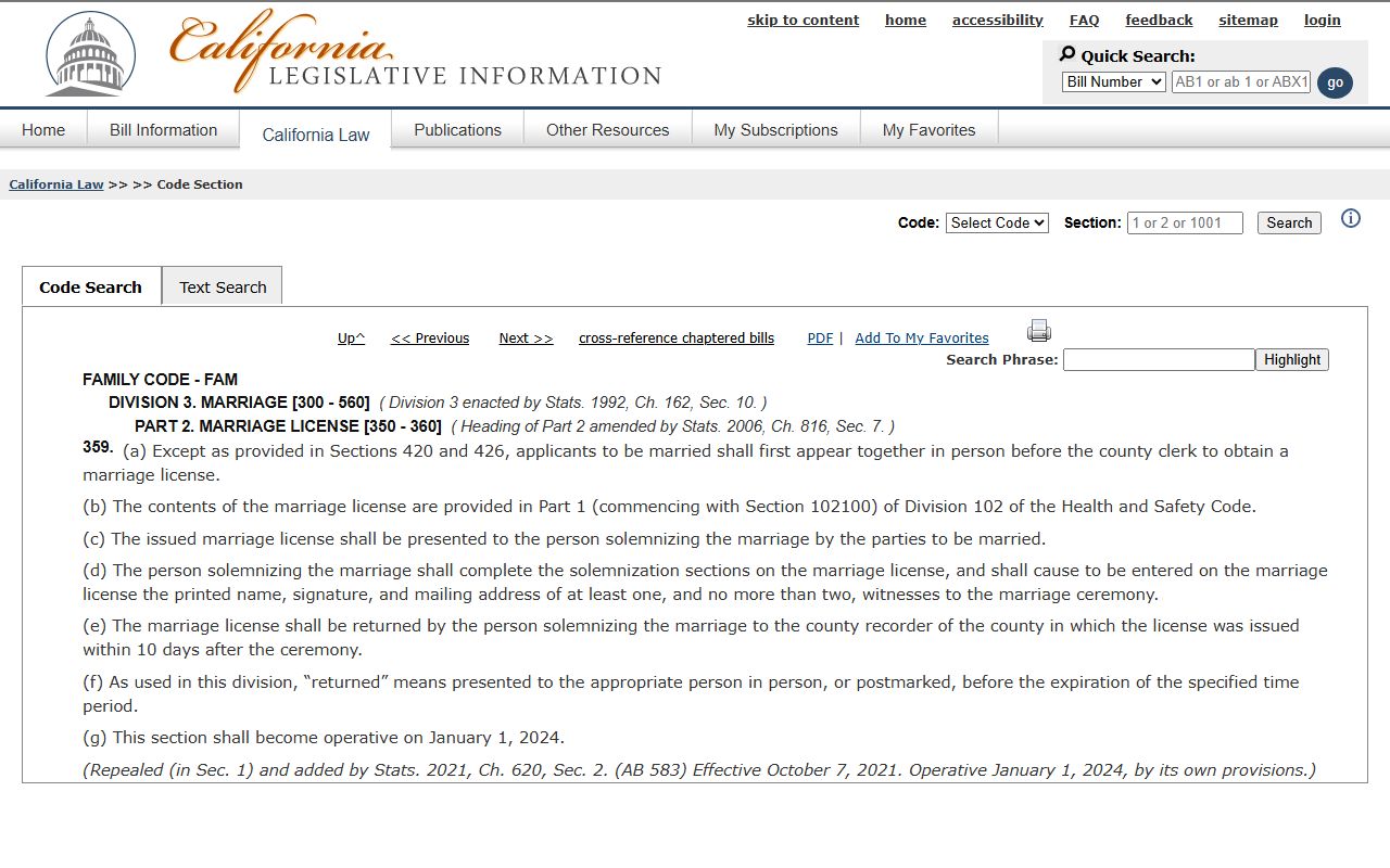 San Bernardino County marriage and divorce records Family Code section 359 return rule