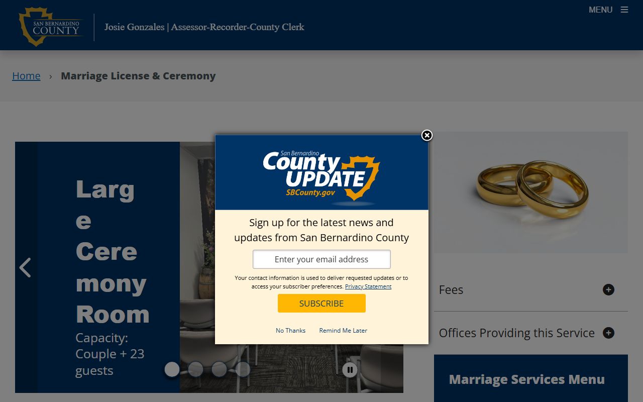 San Bernardino County marriage and divorce records license and ceremony page
