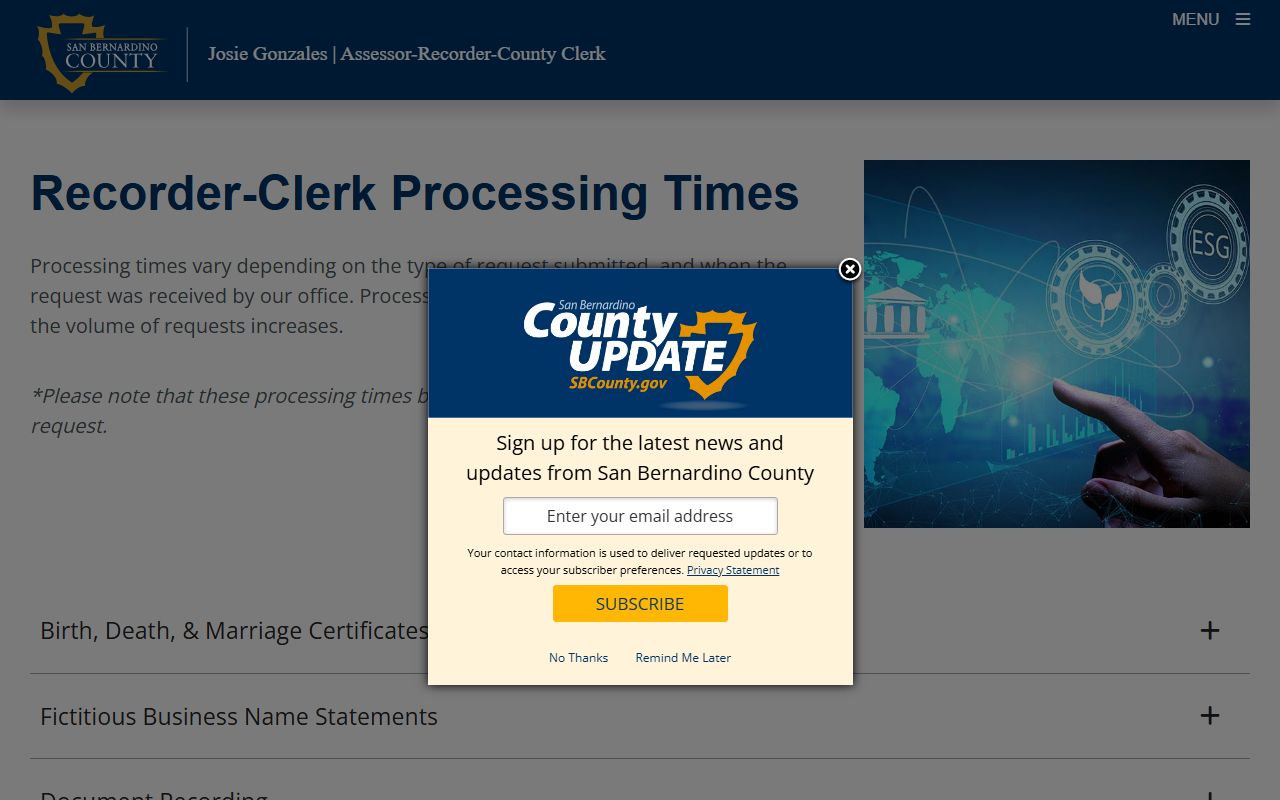 San Bernardino County marriage and divorce records recorder clerk processing times