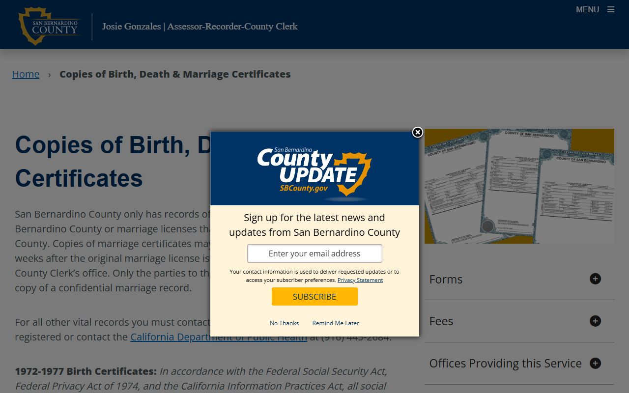 San Bernardino County marriage and divorce records vital records page
