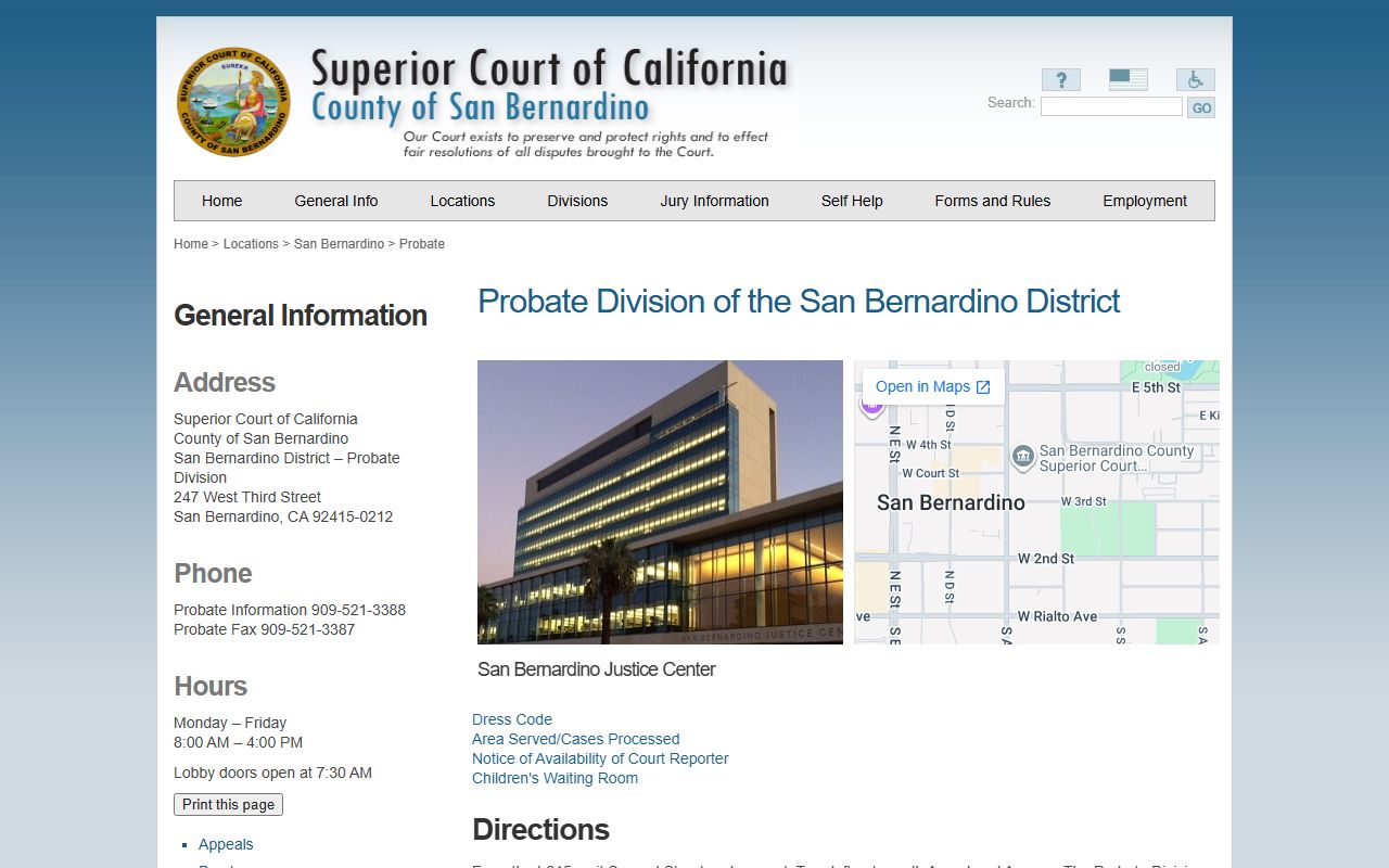San Bernardino County probate records Justice Center Probate Division location page