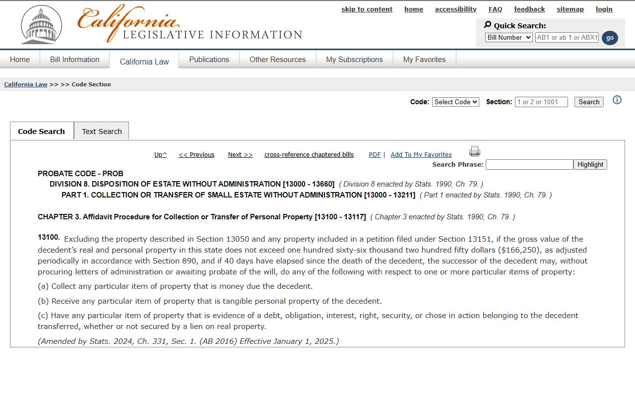 San Bernardino County probate records small estate affidavit Probate Code section 13100