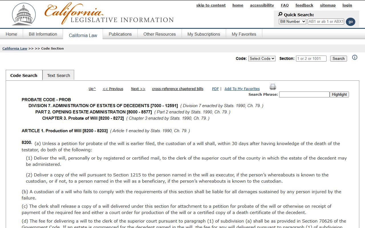 San Bernardino County probate records will custodian Probate Code section 8200