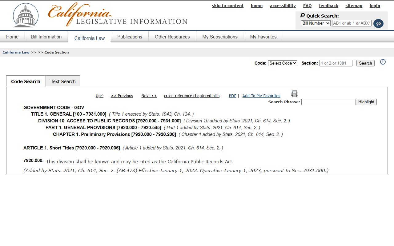 San Bernardino County public records California Public Records Act Gov Code 7920.000