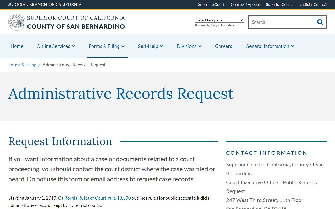 San Bernardino County public records court administrative request page