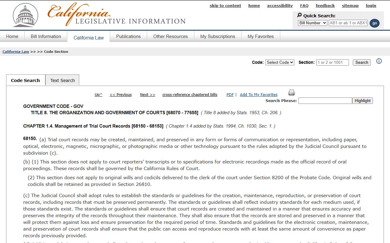 San Bernardino County public records court records preservation Gov Code 68150