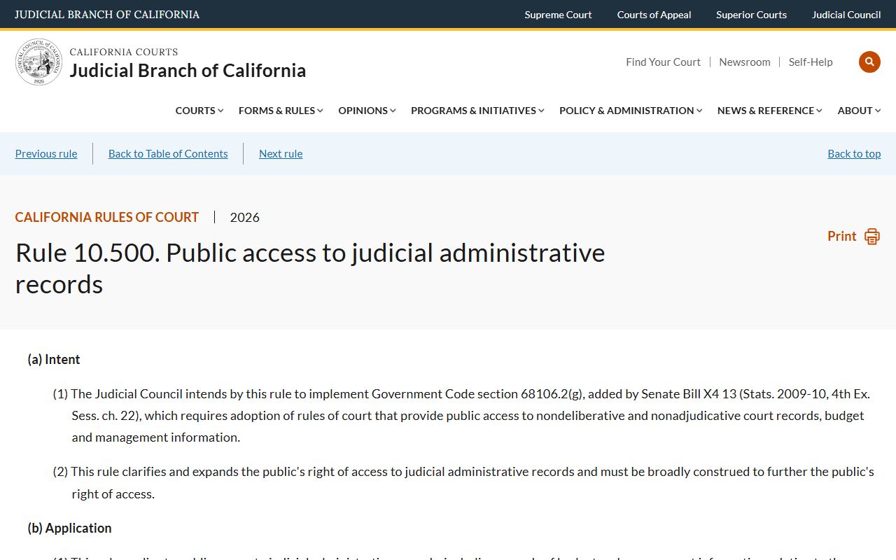 San Bernardino County public records CRC 10.500 judicial administrative records rule