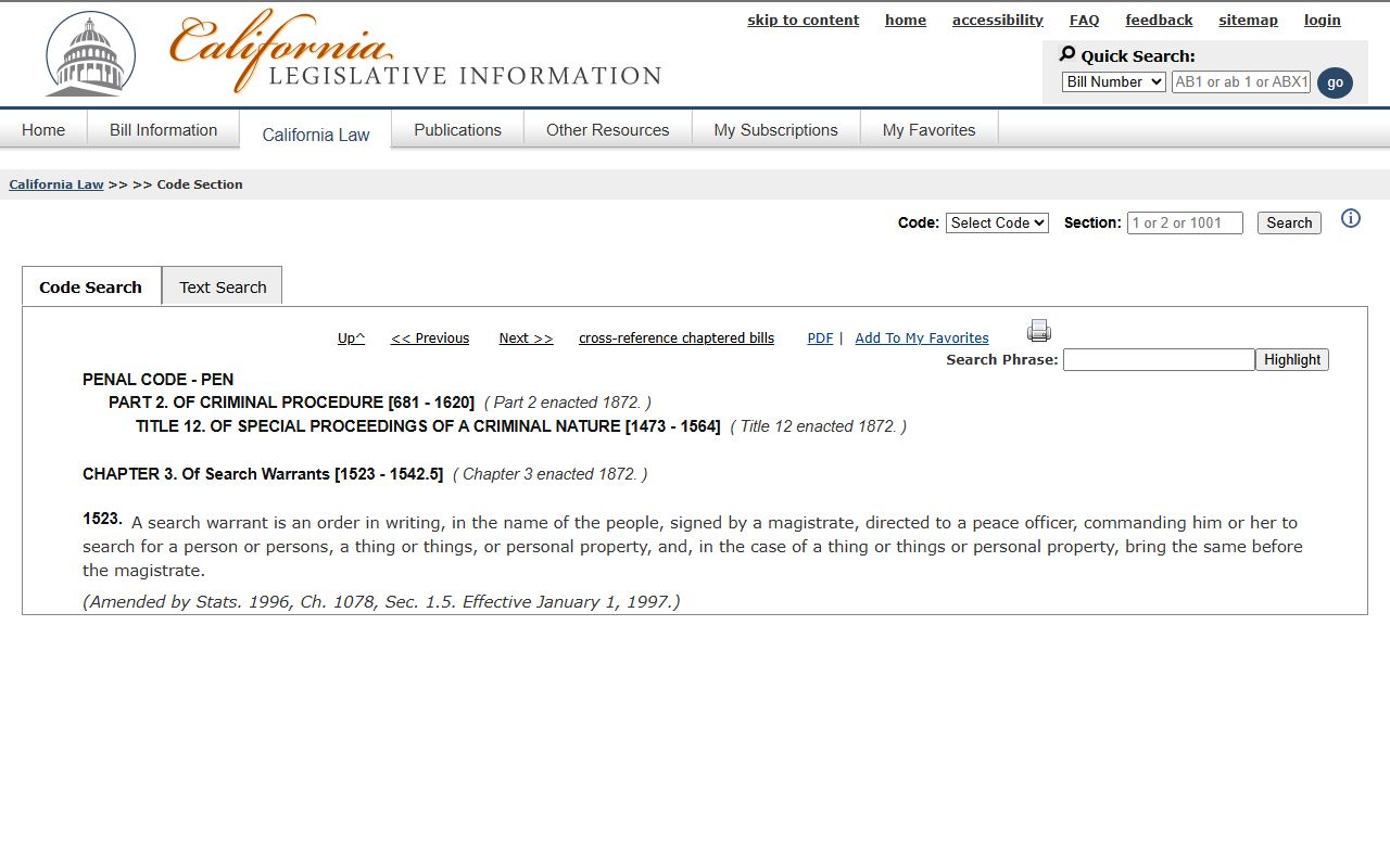 San Bernardino County warrant search Penal Code 1523 search warrant definition